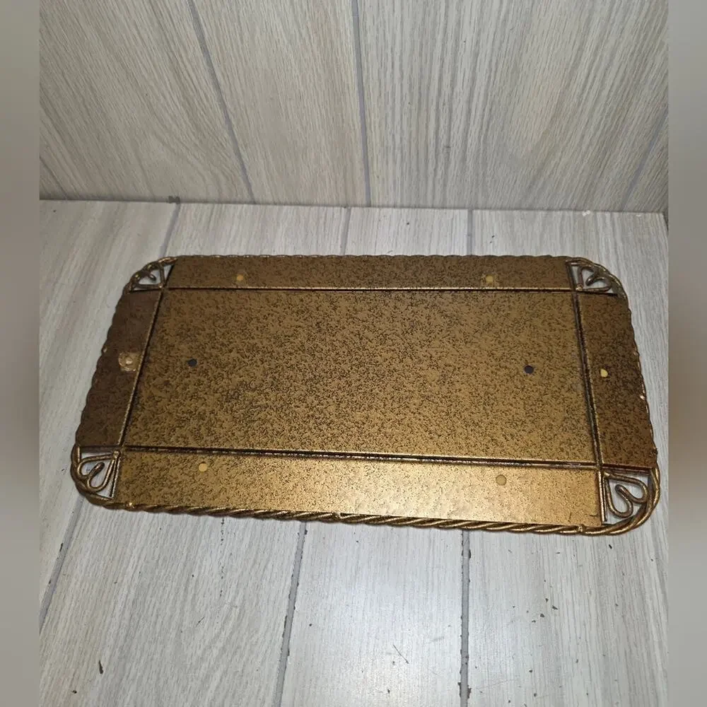 Vtg 70s Ornate Vanity Tray Gilded Gold Twisted Metal Mirrored Accent Mirror MCM